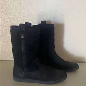 CHANEL Black Suede Quilted Boots size 39 1/2